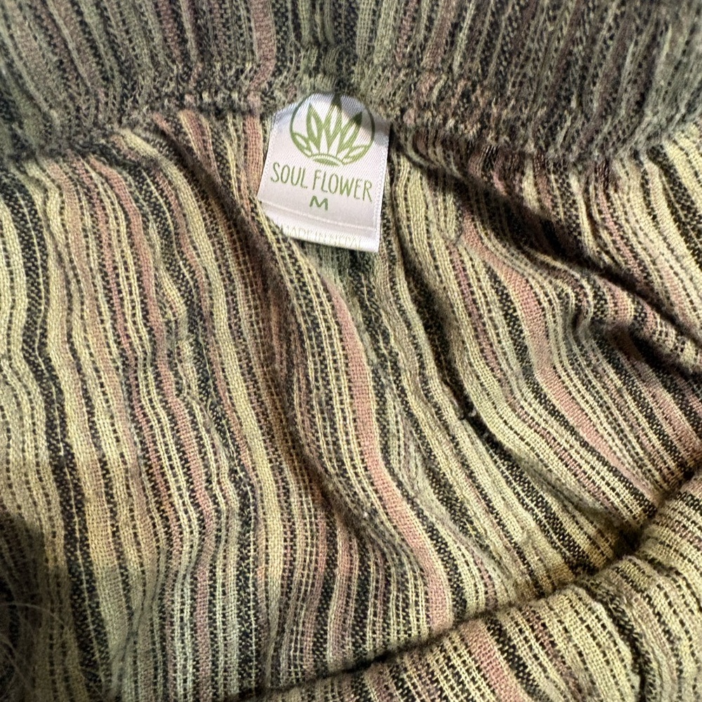 SOUL FLOWER M (Jrs) boho striped sage Eco green pull-on pants. 100% cotton. EUC - Picture 2 of 5